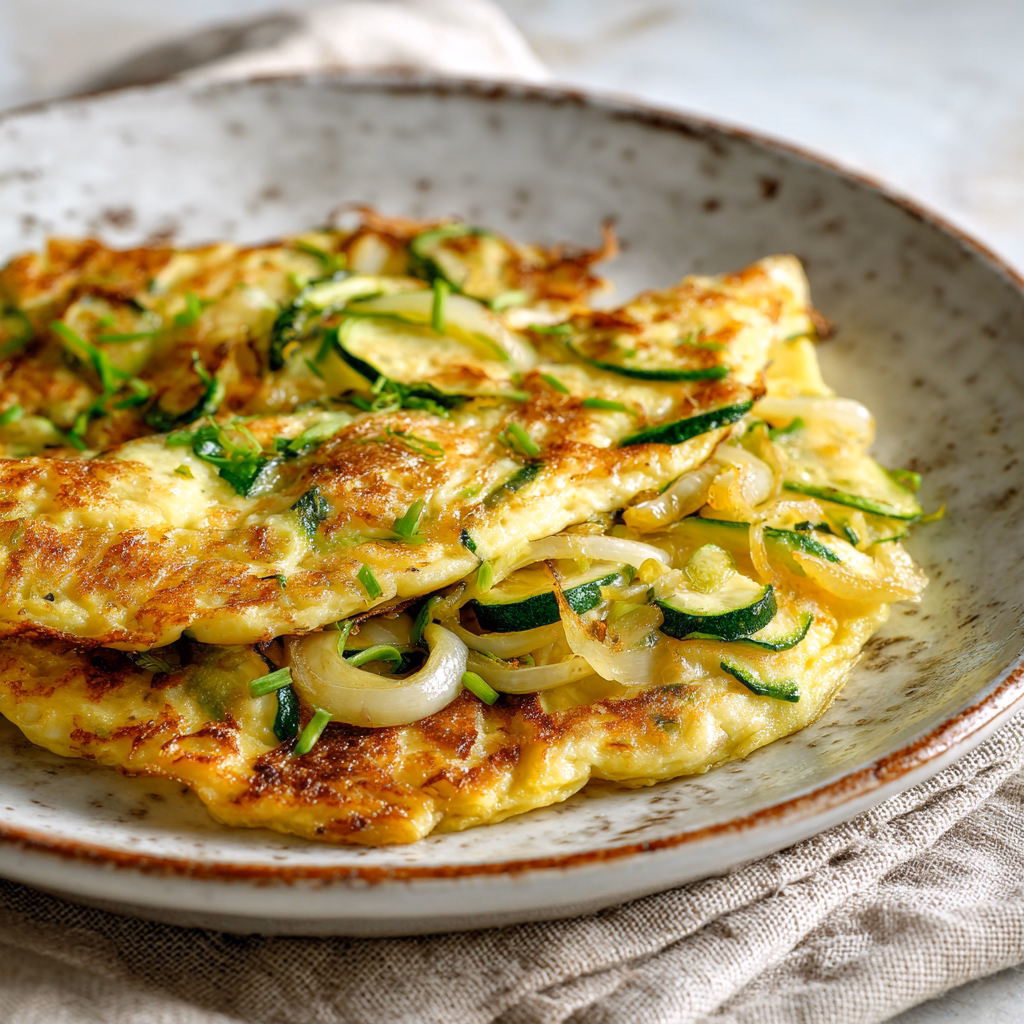 Zucchini omelet served with hot sauce and salad