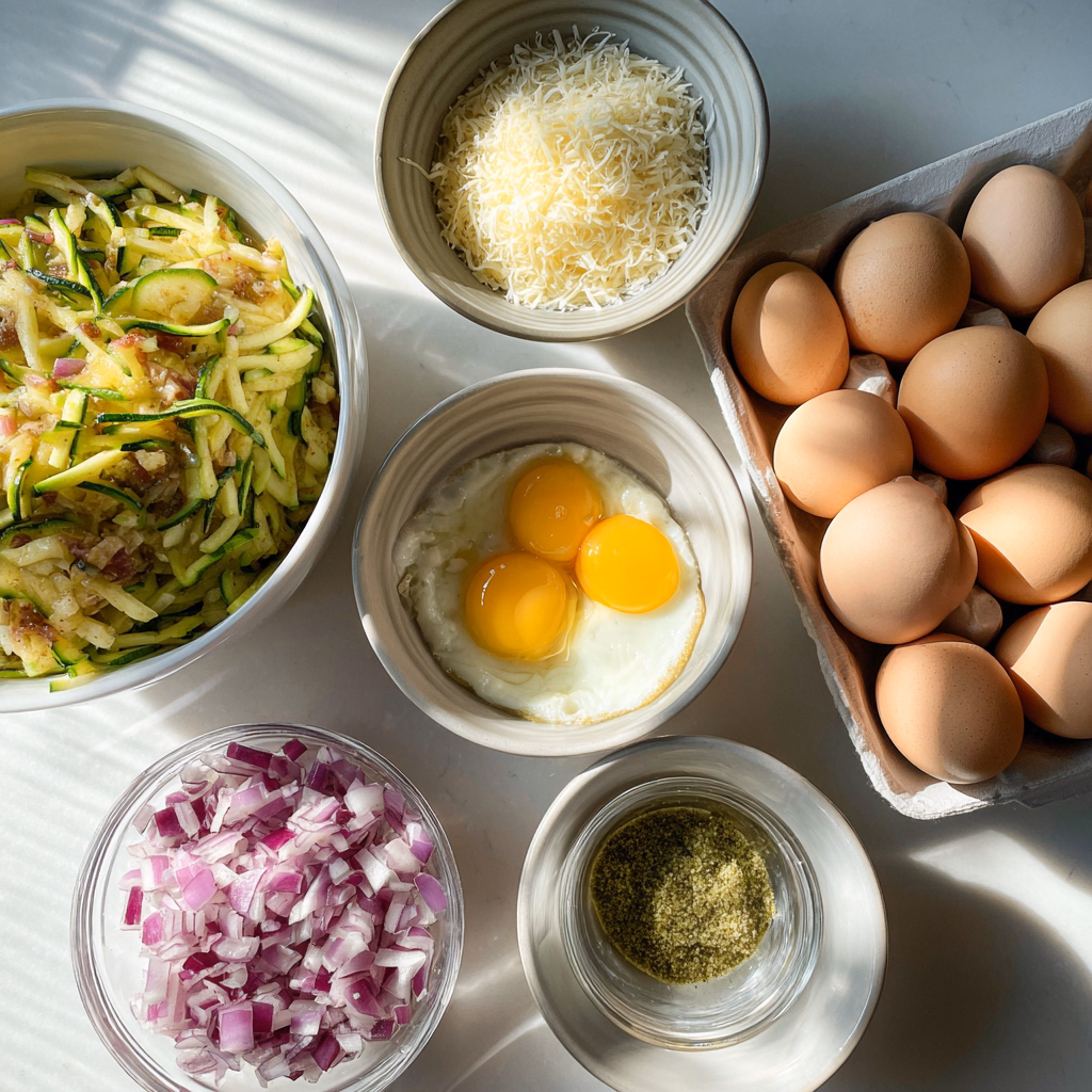 Ingredients for zucchini omelet on kitchen counter