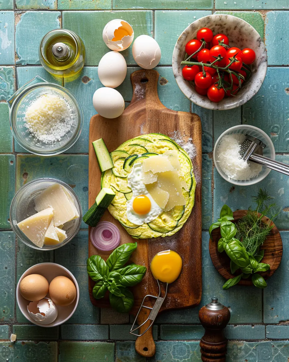 Flat lay of zucchini, eggs, egg whites, Parmesan, red onion, dill, olive oil, salt and pepper on marble