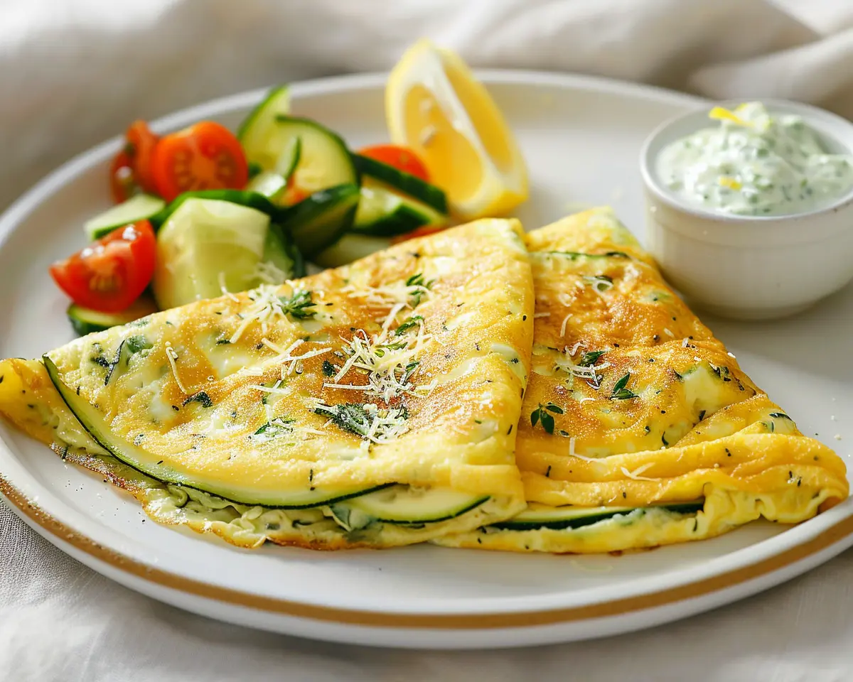 Plated zucchini omelet folded and golden, with tomato‑cucumber salad, lemon, and tzatziki