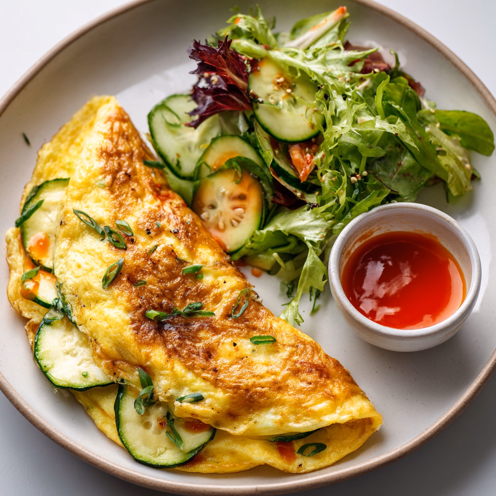 Zucchini omelet on ceramic plate with sautéed vegetables