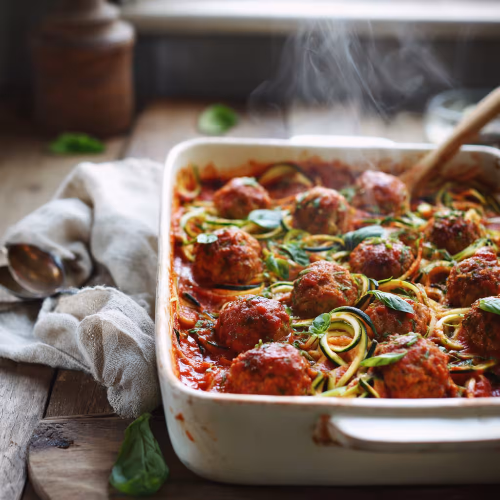 Baked zucchini spaghetti with turkey meatballs in a casserole dish