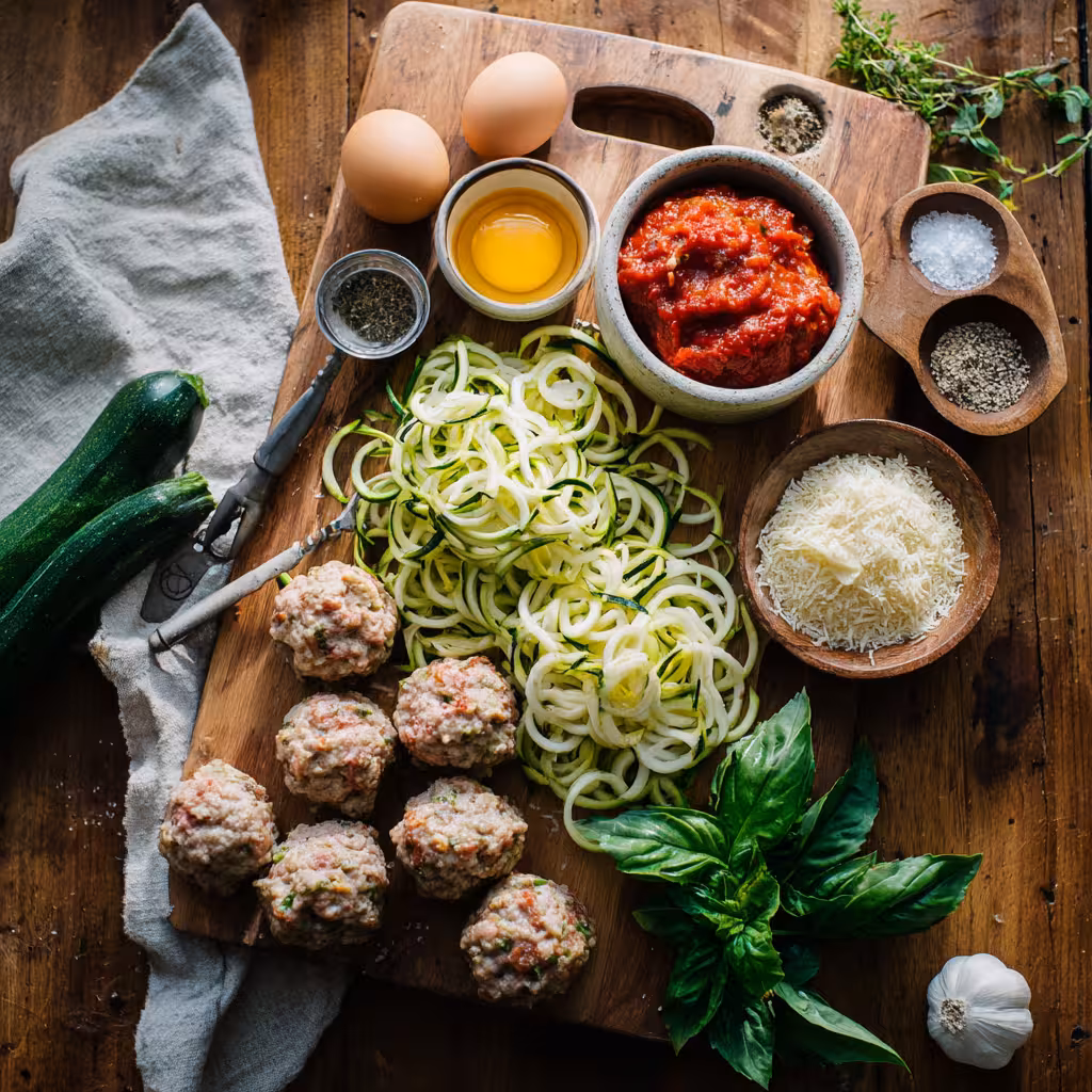Ingredients for zucchini spaghetti with turkey meatballs laid out on a counter