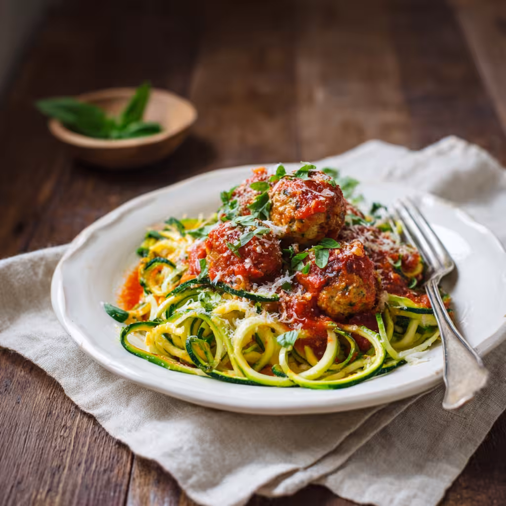 Plated serving of zucchini noodles with turkey meatballs and tomato sauce