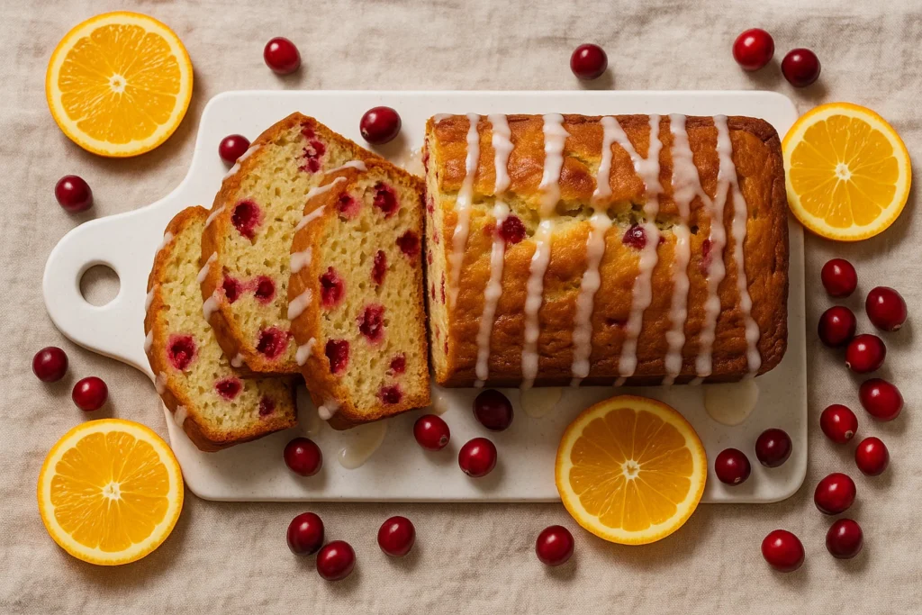 Overhead view of sliced cranberry orange bread on a white board, drizzled with glaze and surrounded by fresh cranberries and orange slices.