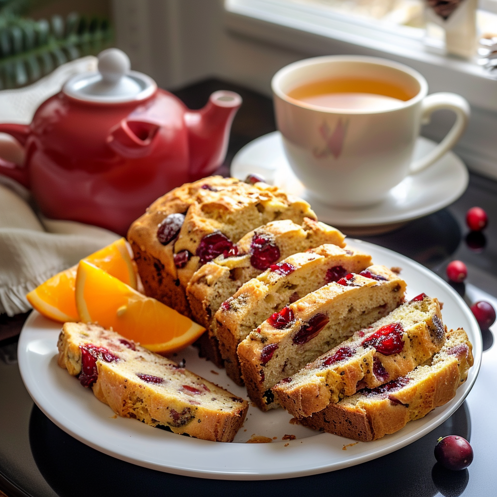 Sliced cranberry orange bread served with tea and orange
