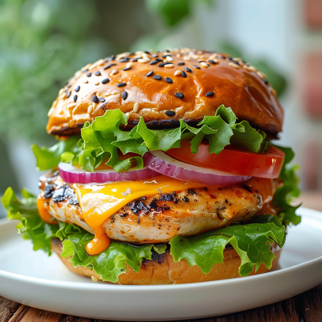 Juicy homemade chicken burger with grilled chicken breast, melted cheddar cheese, lettuce, tomato, and red onion, served on a sesame seed bun on a white plate.