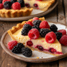 Close-up of a slice of strawberry crunch cheesecake topped with fresh strawberry and cookie crumble, with strawberry sauce dripping down the sides on a ceramic plate.