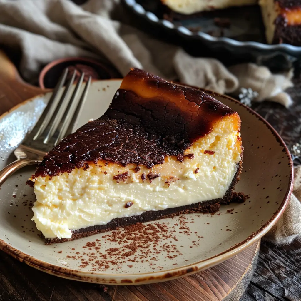 Slice of burnt Basque cheesecake on plate