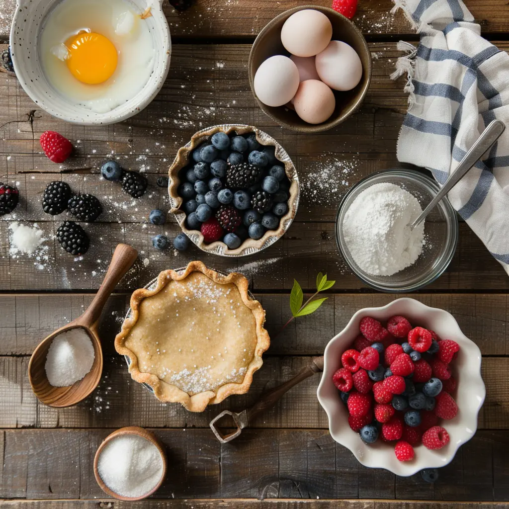 Ingredients for berry custard pie on wooden table
