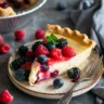 Slice of berry custard pie served on ceramic plate