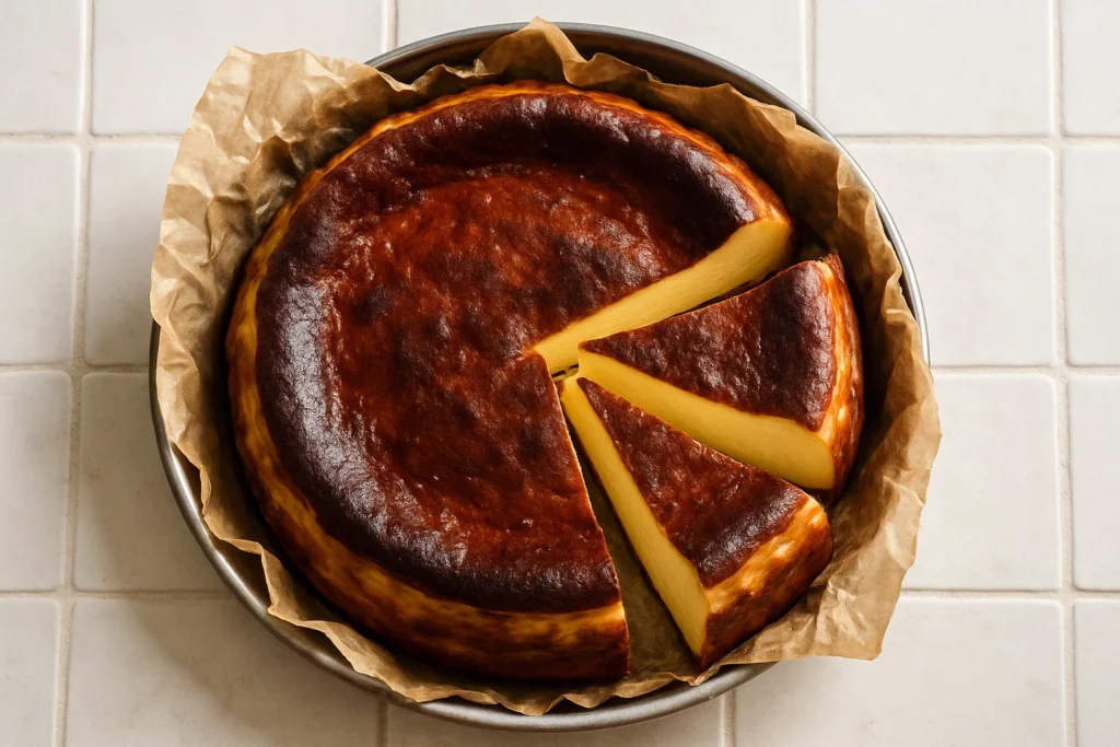 Overhead view of a burnt Basque cheesecake with a caramelized top and two slices pulled out, resting on parchment paper.
