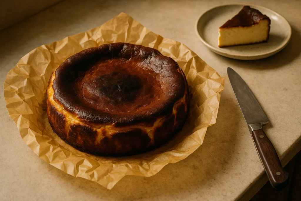 Burnt Basque Cheesecake cooling on a counter in parchment paper, with a slice served on a plate in the background.