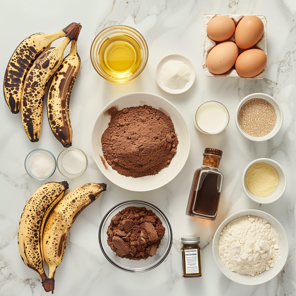 Square image of moist chocolate banana cake ingredients on counter