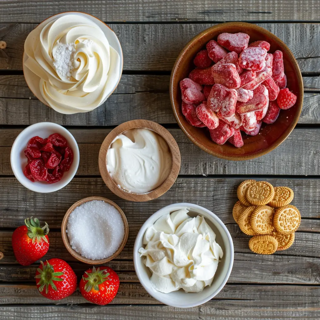 Ingredients for no-bake strawberry crunch cheesecake