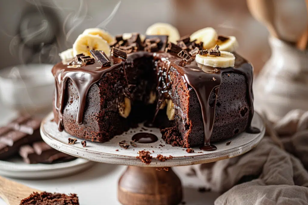 Moist chocolate banana cake on a stand with glossy ganache drips and a slice removed showing soft, tender crumb