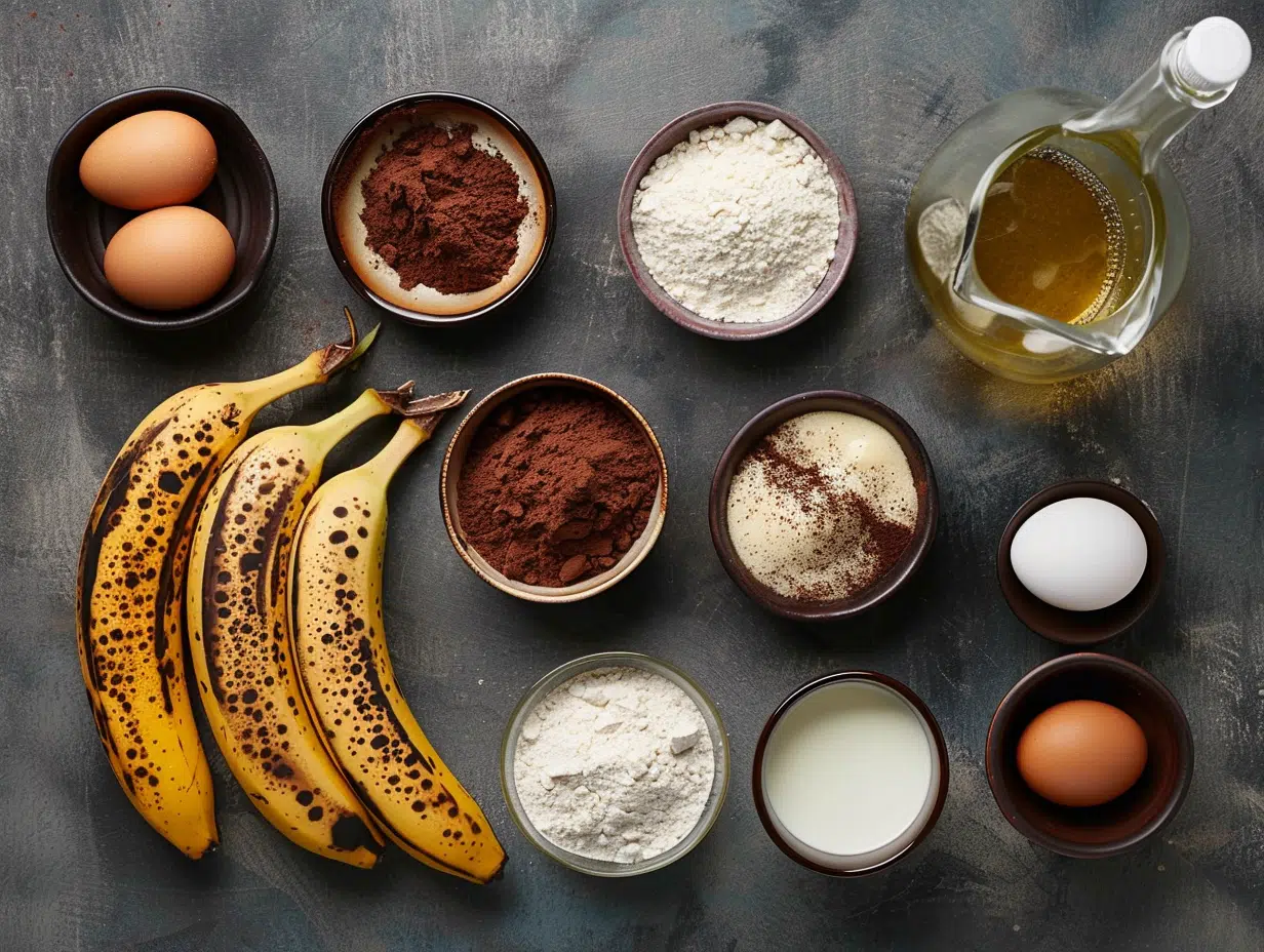 Flat‑lay of ripe bananas, cocoa powder, flour, sugars, eggs, buttermilk, oil, and baking essentials arranged neatly