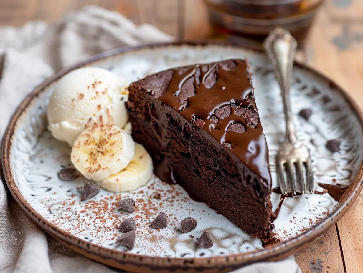 Plated slice of chocolate banana cake with glossy ganache, vanilla ice cream melting, and a light drizzle of chocolate