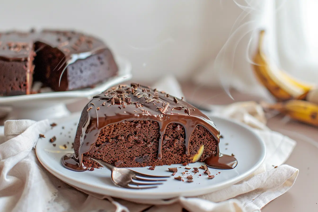 Moist chocolate banana cake on a stand with glossy ganache drips and a slice removed showing soft, tender crumb