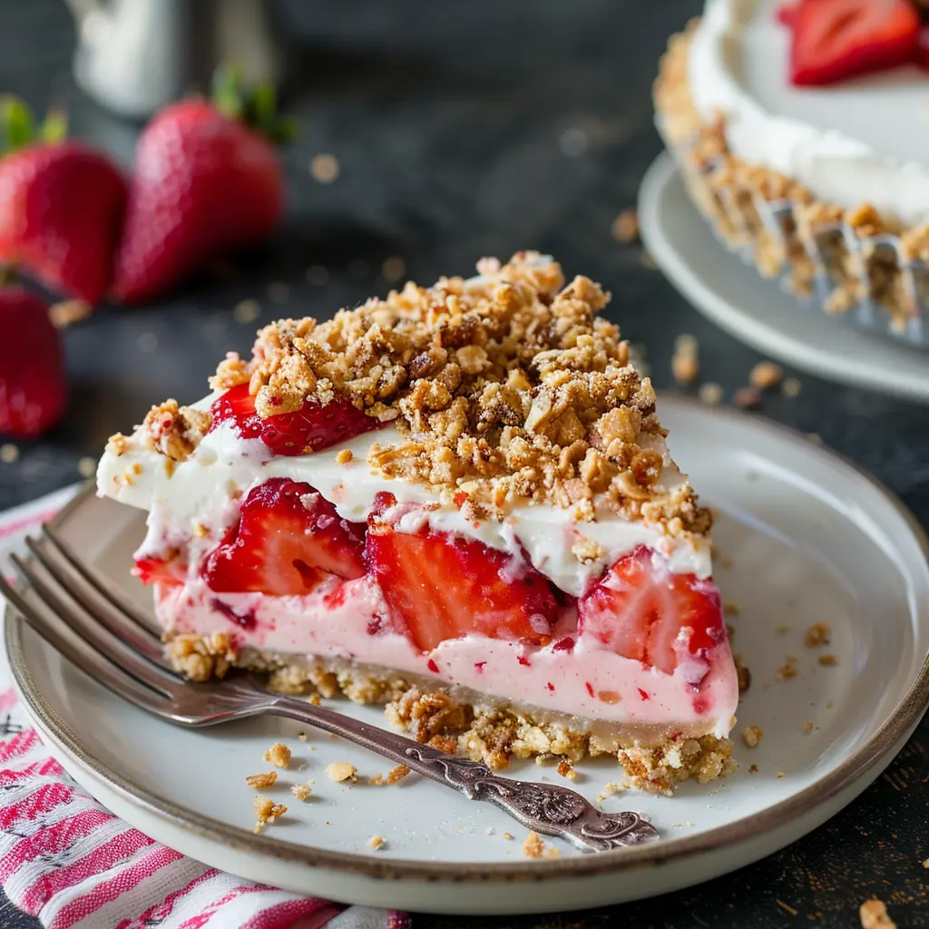 No Bake Strawberry Crunch Cheesecake Slice of no-bake strawberry cheesecake on plate