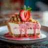 Close-up of a slice of strawberry crunch cheesecake topped with fresh strawberry and cookie crumble, with strawberry sauce dripping down the sides on a ceramic plate.