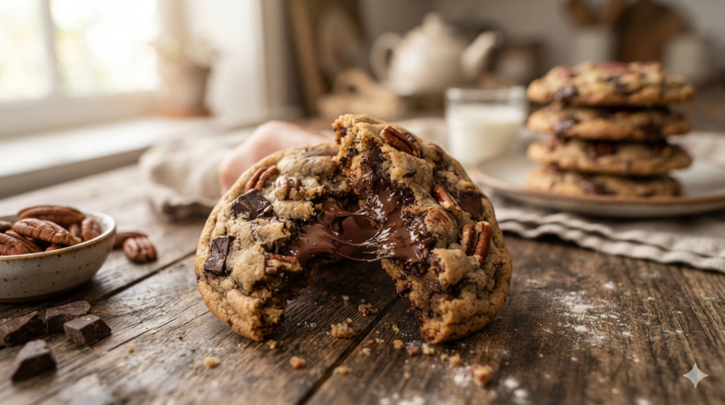 A large chewy chocolate chip and pecan cookie broken in half showing a gooey, melty dark chocolate center on a rustic wooden table.