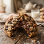 A large chewy chocolate chip and pecan cookie broken in half showing a gooey, melty dark chocolate center on a rustic wooden table.