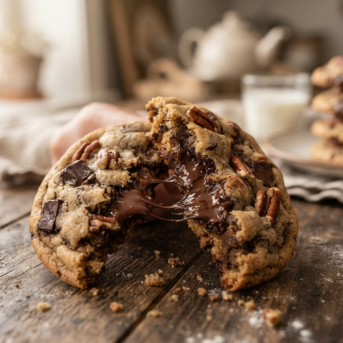 A large chewy chocolate chip and pecan cookie broken in half showing a gooey, melty dark chocolate center on a rustic wooden table.