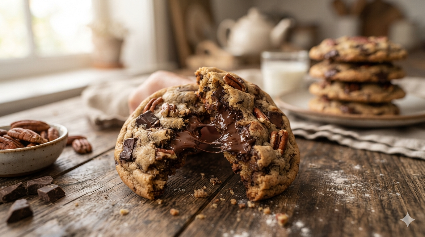 A large chewy chocolate chip and pecan cookie broken in half showing a gooey, melty dark chocolate center on a rustic wooden table.