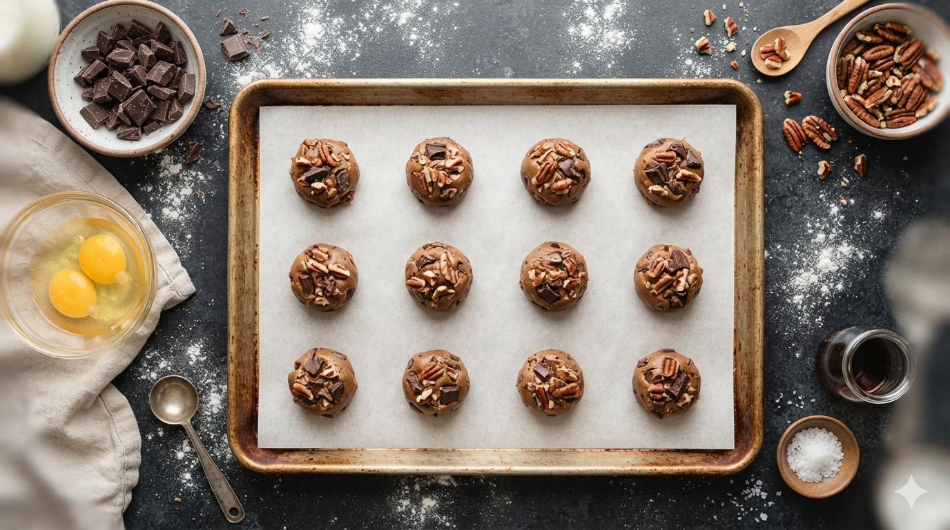 Raw cookie dough balls loaded with dark chocolate chunks and pecans arranged on a parchment-lined baking sheet ready for the oven.