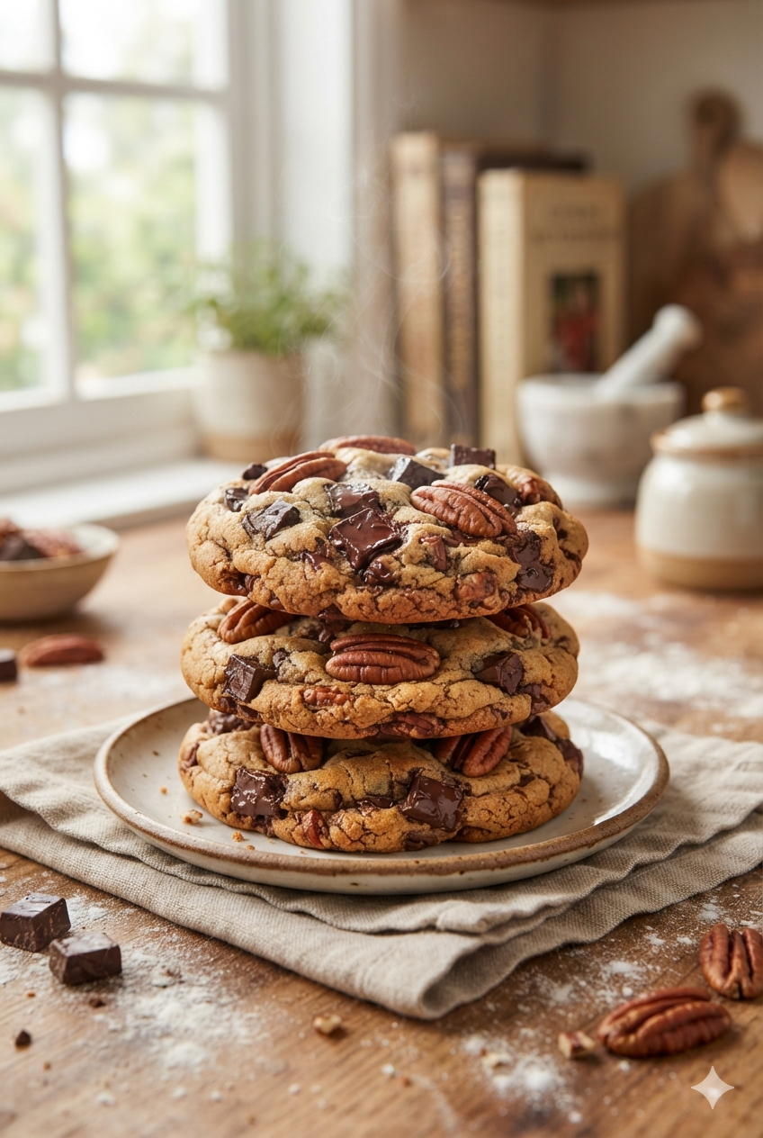 A vertical stack of oversized homemade chewy chocolate and pecan cookies with golden edges on a ceramic plate.