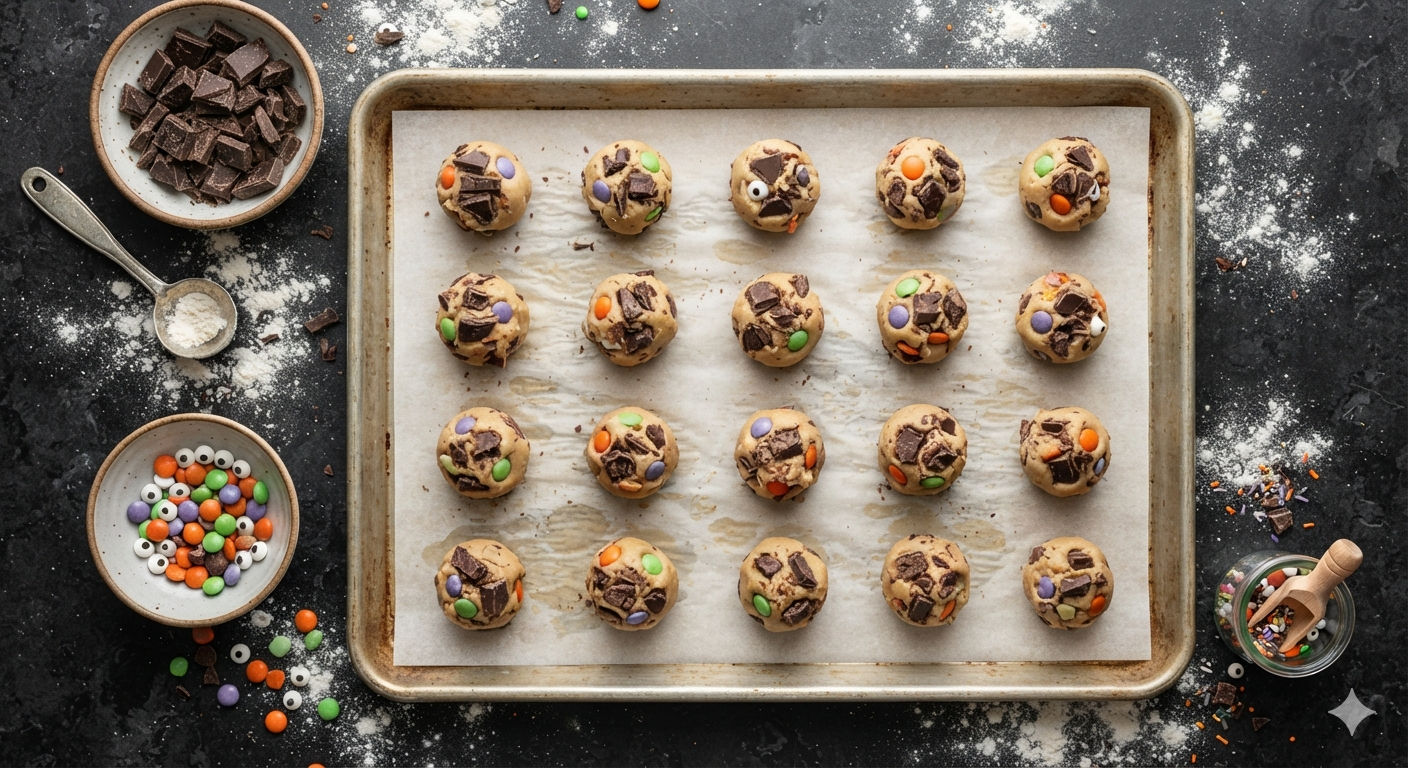Portioned balls of raw Halloween monster cookie dough loaded with chocolate chunks and colorful candies on a parchment-lined baking sheet.