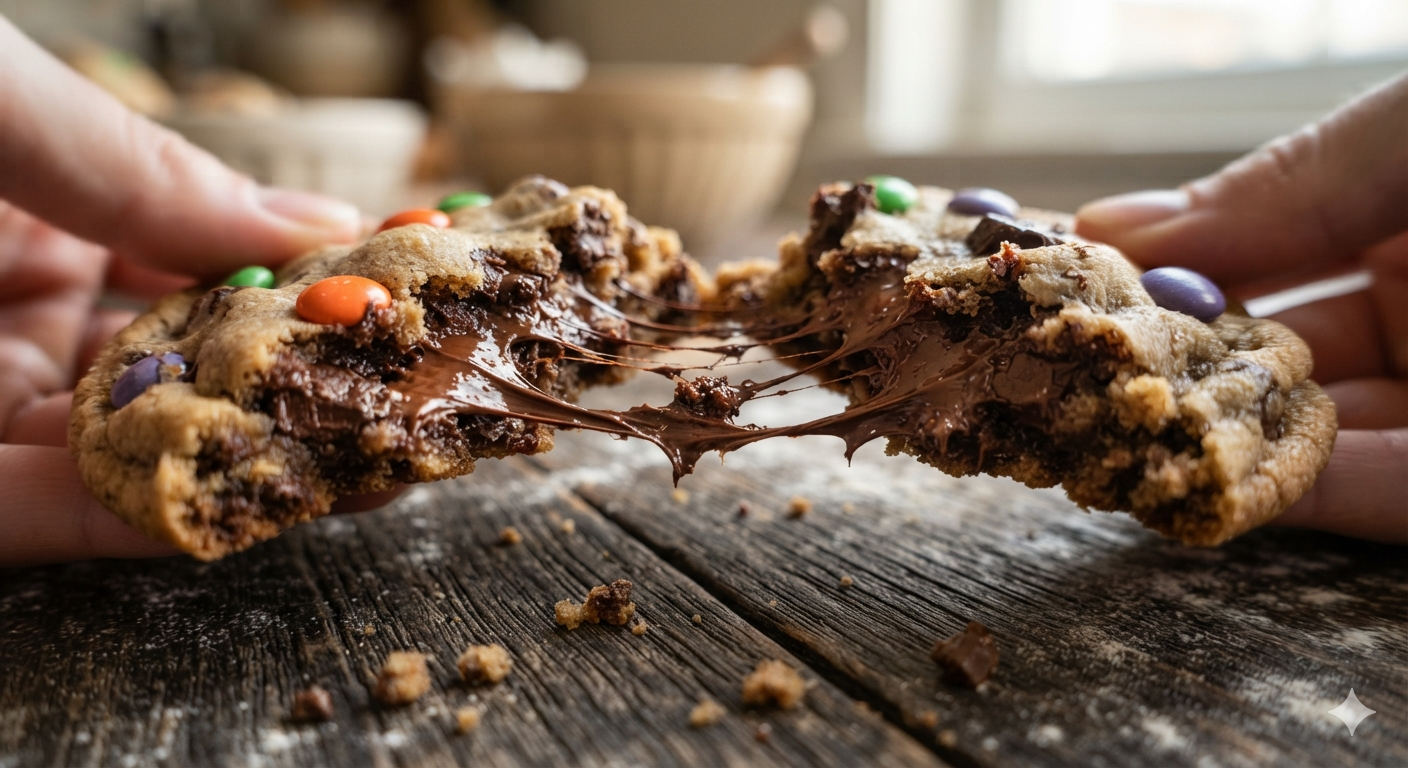 Hands pulling apart a warm Halloween monster cookie with a gooey melted chocolate center.