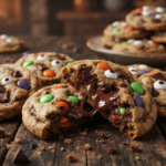 Freshly baked Halloween monster cookies decorated with candy googly eyes and colorful candies on a rustic wooden table, with one cookie broken open showing a gooey chocolate center.