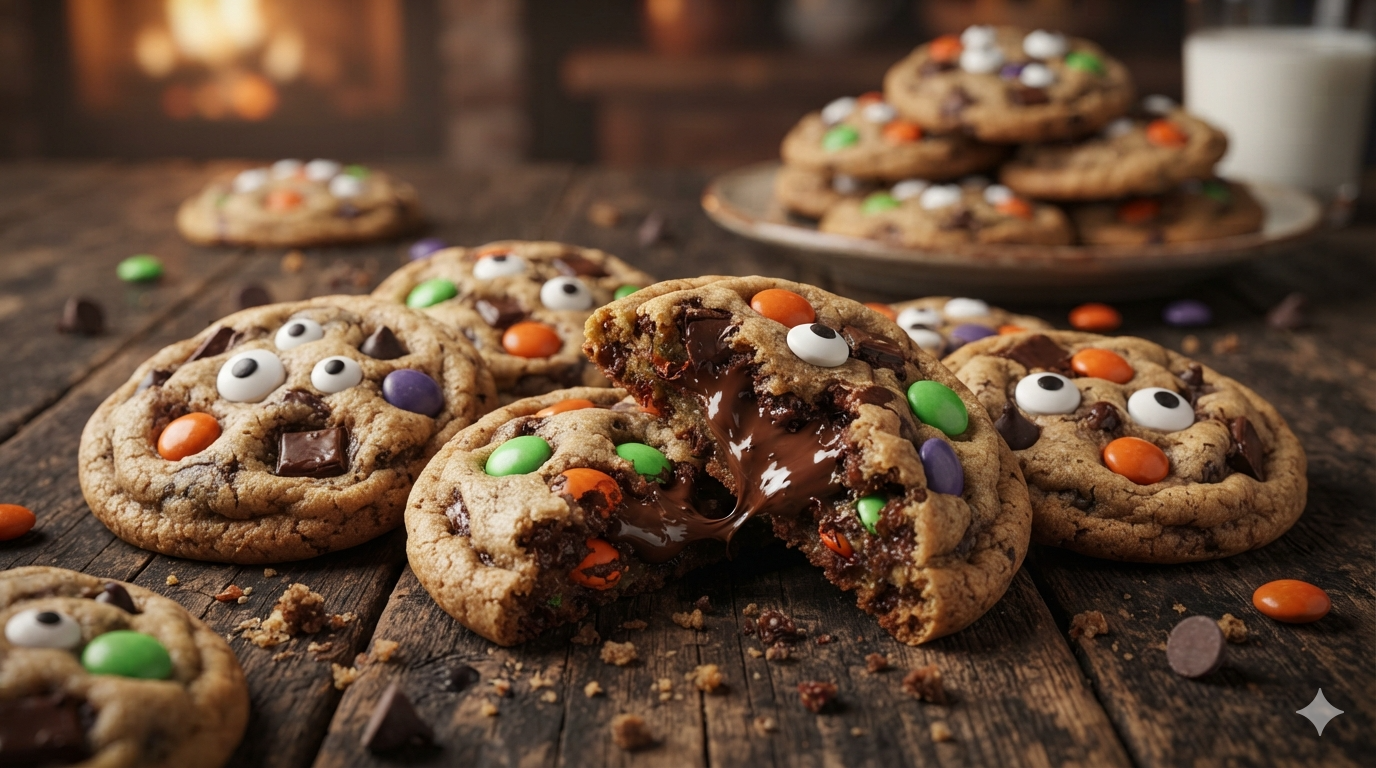 Freshly baked Halloween monster cookies decorated with candy googly eyes and colorful candies on a rustic wooden table, with one cookie broken open showing a gooey chocolate center.