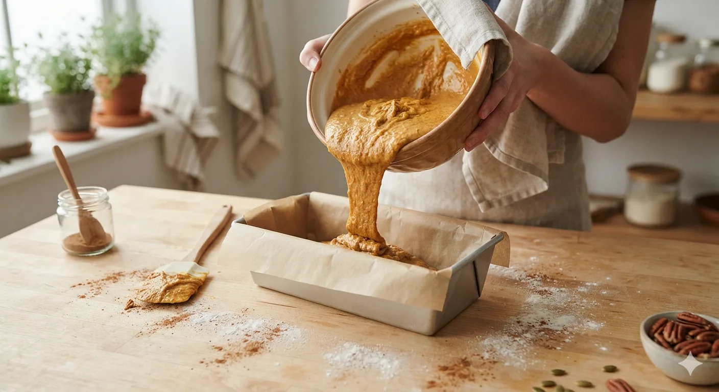 Pouring pumpkin bread batter into a parchment-lined loaf pan