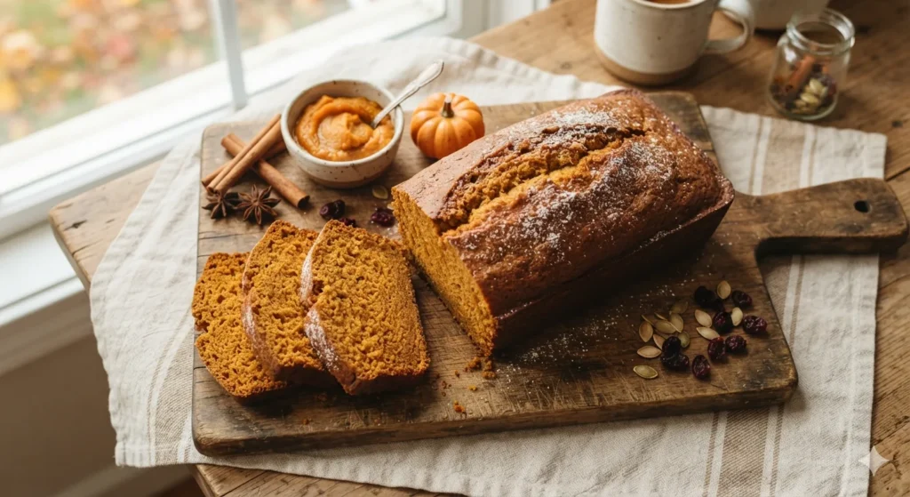 Moist pumpkin bread loaf sliced on a rustic wooden board with pumpkin puree and cinnamon sticks