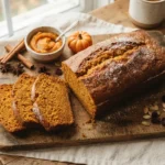 Moist pumpkin bread loaf sliced on a rustic wooden board with pumpkin puree and cinnamon sticks