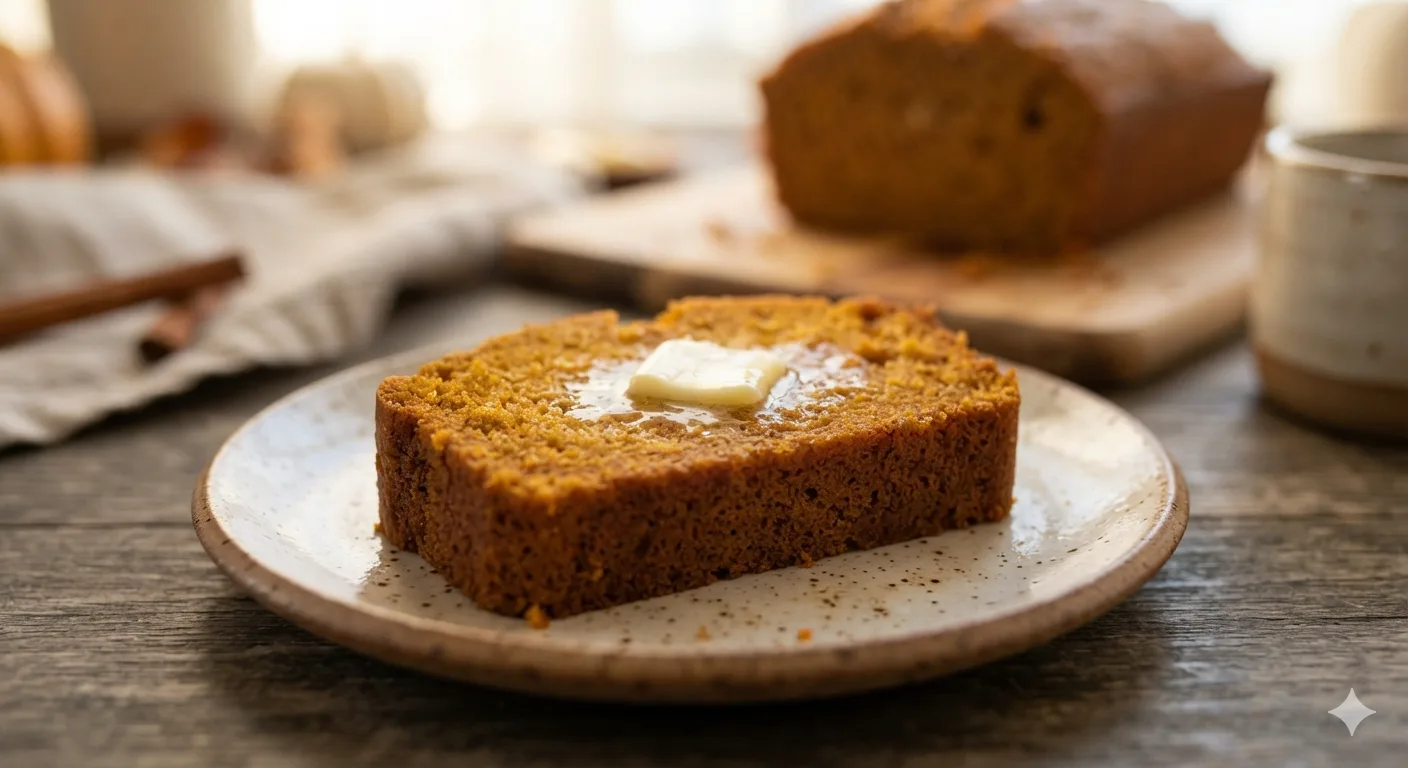 Thick slice of moist pumpkin bread topped with melting butter on a ceramic plate