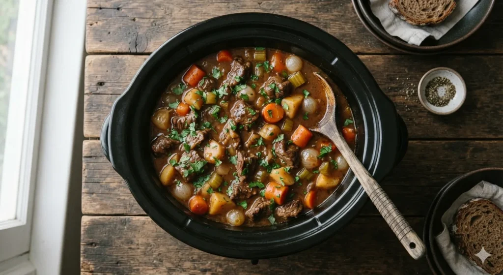 Slow cooker beef stew with tender beef, carrots and potatoes in a rich gravy, topped with fresh parsley