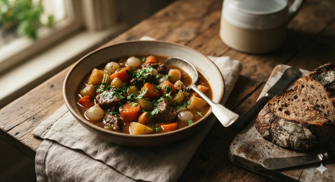 Bowl of slow cooker beef stew served with crusty bread on a rustic wooden table