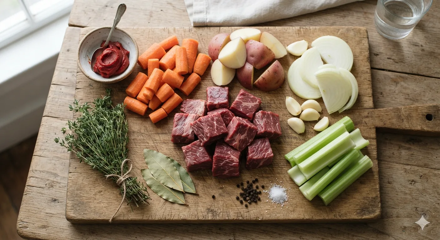 Ingredients for beef stew: cubed chuck roast, carrots, potatoes, onion, garlic, celery, thyme and bay leaves