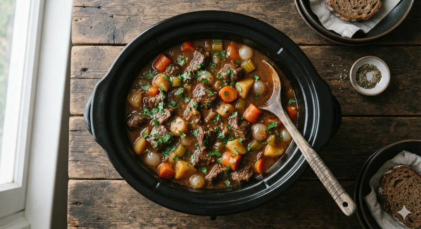Slow cooker beef stew with tender beef, carrots and potatoes in a rich gravy, topped with fresh parsley